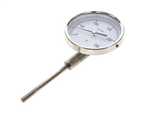 0 bis +250°C Bimetall-Thermometer aus Edelstahl 100mm Gehäuse 100mm Schaftboden