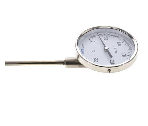0 bis +250°C Bimetall-Thermometer aus Edelstahl 100mm Gehäuse 100mm Schaftboden