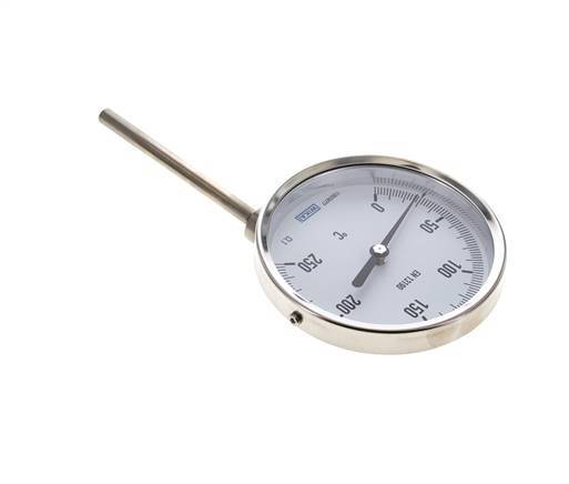 0 bis +250°C Bimetall-Thermometer aus Edelstahl 100mm Gehäuse 100mm Schaftboden