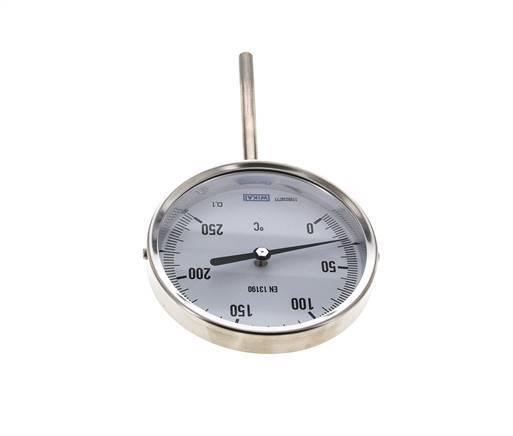 0 bis +250°C Bimetall-Thermometer aus Edelstahl 100mm Gehäuse 100mm Schaftboden