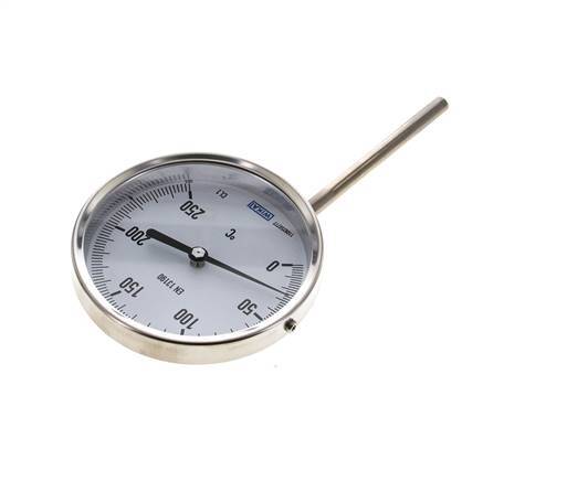 0 bis +250°C Bimetall-Thermometer aus Edelstahl 100mm Gehäuse 100mm Schaftboden