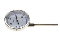 0 bis +250°C Bimetall-Thermometer aus Edelstahl 100mm Gehäuse 100mm Schaftboden