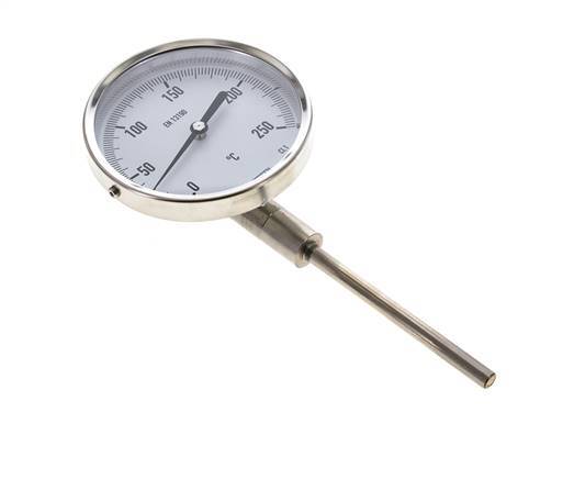 0 bis +250°C Bimetall-Thermometer aus Edelstahl 100mm Gehäuse 100mm Schaftboden