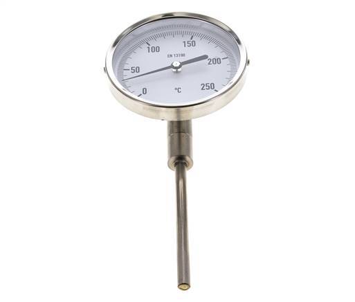 0 bis +250°C Bimetall-Thermometer aus Edelstahl 100mm Gehäuse 100mm Schaftboden