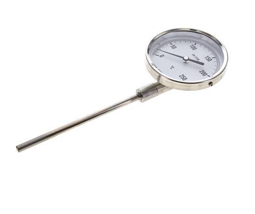 0 bis +250°C Bimetall-Thermometer aus Edelstahl 100mm Gehäuse 160mm Schaftunterseite