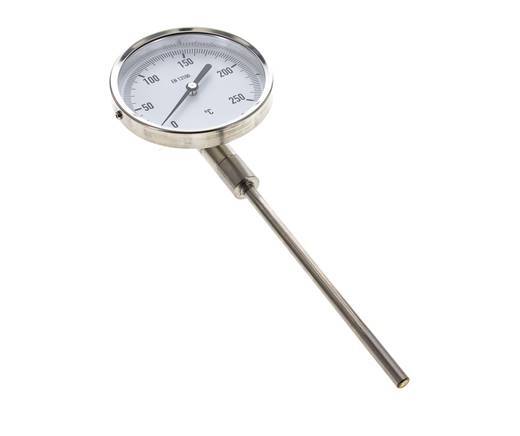 0 bis +250°C Bimetall-Thermometer aus Edelstahl 100mm Gehäuse 160mm Schaftunterseite