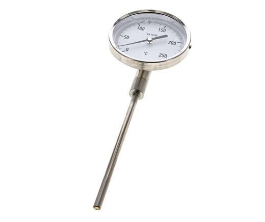 0 bis +250°C Bimetall-Thermometer aus Edelstahl 100mm Gehäuse 160mm Schaftunterseite