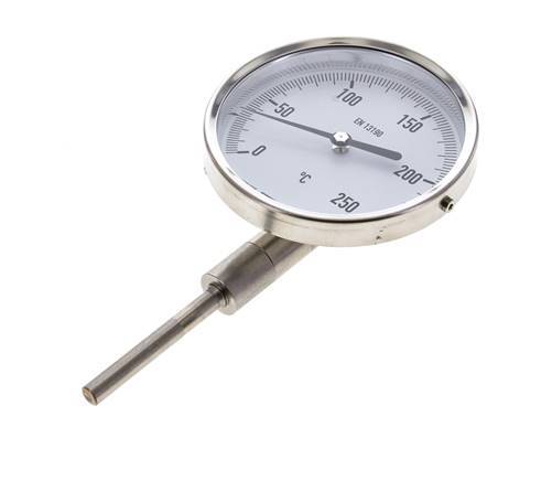 0 bis +250°C Bimetall-Thermometer aus Edelstahl 100mm Gehäuse 63mm Schaftunterseite