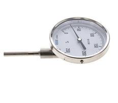 0 bis +250°C Bimetall-Thermometer aus Edelstahl 100mm Gehäuse 63mm Schaftunterseite