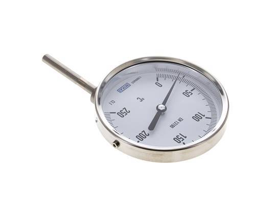 0 bis +250°C Bimetall-Thermometer aus Edelstahl 100mm Gehäuse 63mm Schaftunterseite