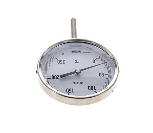 0 bis +250°C Bimetall-Thermometer aus Edelstahl 100mm Gehäuse 63mm Schaftunterseite