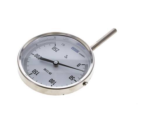 0 bis +250°C Bimetall-Thermometer aus Edelstahl 100mm Gehäuse 63mm Schaftunterseite