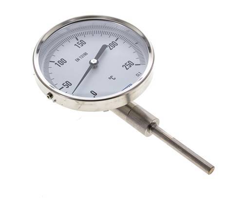 0 bis +250°C Bimetall-Thermometer aus Edelstahl 100mm Gehäuse 63mm Schaftunterseite