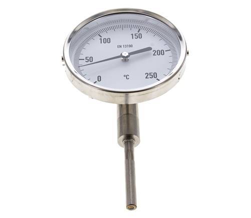 0 bis +250°C Bimetall-Thermometer aus Edelstahl 100mm Gehäuse 63mm Schaftunterseite