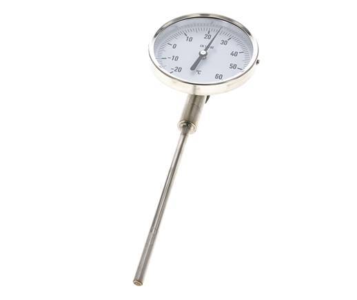 -20 bis +60°C Bimetall-Thermometer aus Edelstahl 100mm Gehäuse 160mm Schaftunterteil