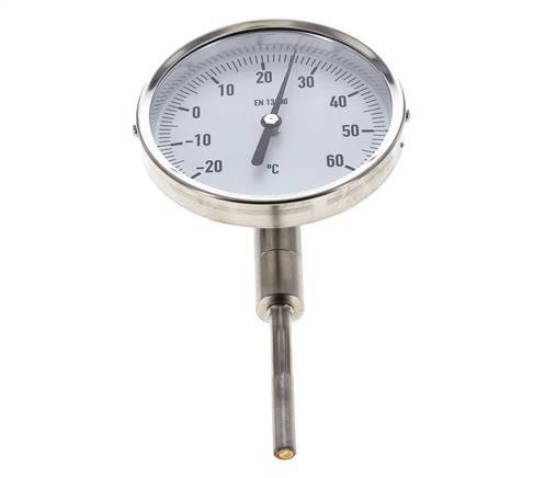 -20 bis +60°C Bimetall-Thermometer aus Edelstahl 100mm Gehäuse 63mm Schaftunterseite