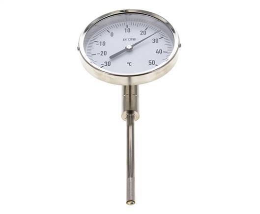 -30 bis +50°C Bimetall-Thermometer aus Edelstahl 100mm Gehäuse 100mm Schaftboden