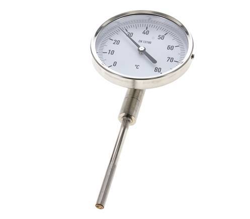 0 bis +80°C Bimetall-Thermometer aus Edelstahl 100mm Gehäuse 100mm Schaftboden
