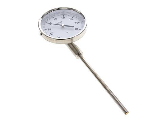 0 bis +80°C Bimetall-Thermometer aus Edelstahl 100mm Gehäuse 63mm Schaftunterseite