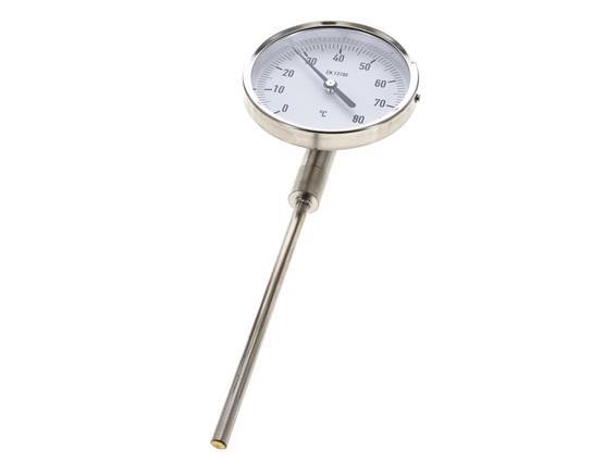 0 bis +80°C Bimetall-Thermometer aus Edelstahl 100mm Gehäuse 63mm Schaftunterseite