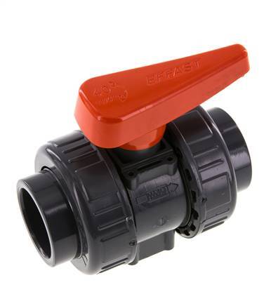 PVC 2-Wege-Kugelhahn 2fach Überwurfmutter 40 mm Buchse FKM