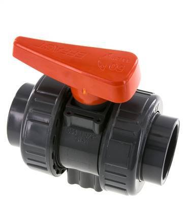 PVC 2-Wege-Kugelhahn 2fach Überwurfmutter 50 mm Buchse FKM