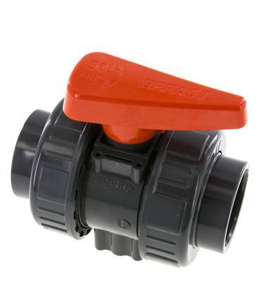 PVC 2-Wege-Kugelhahn 2fach Überwurfmutter 50 mm Buchse FKM