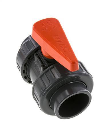 PVC 2-Wege-Kugelhahn 2fach Überwurfmutter 50 mm Buchse FKM