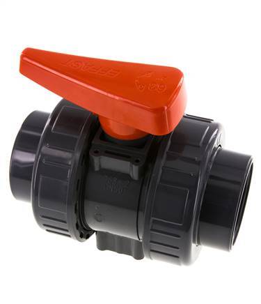 PVC 2-Wege-Kugelhahn 2fach Überwurfmutter 63 mm Buchse FKM