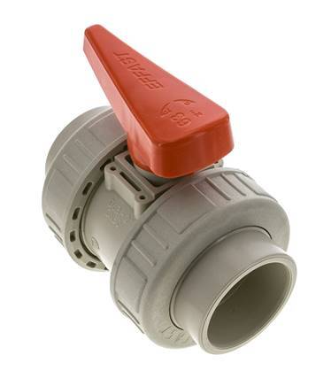 PP-H 2-Wege-Kugelhahn 2fach Überwurfmutter 63 mm EPDM