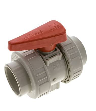 PP-H 2-Wege-Kugelhahn 2fach Überwurfmutter 63 mm FKM