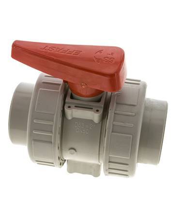 PP-H 2-Wege-Kugelhahn 2fach Überwurfmutter 63 mm FKM